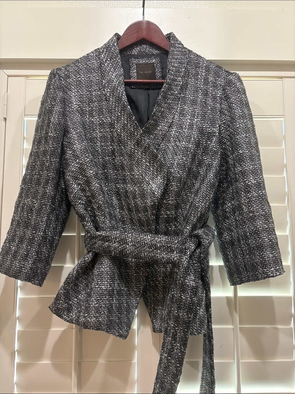 The Limited Black & Gray Textured Belted Wrap Blazer